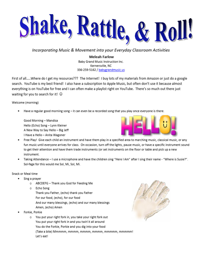 Shake Rattle and Roll Handout - Pre-K Music | PDF