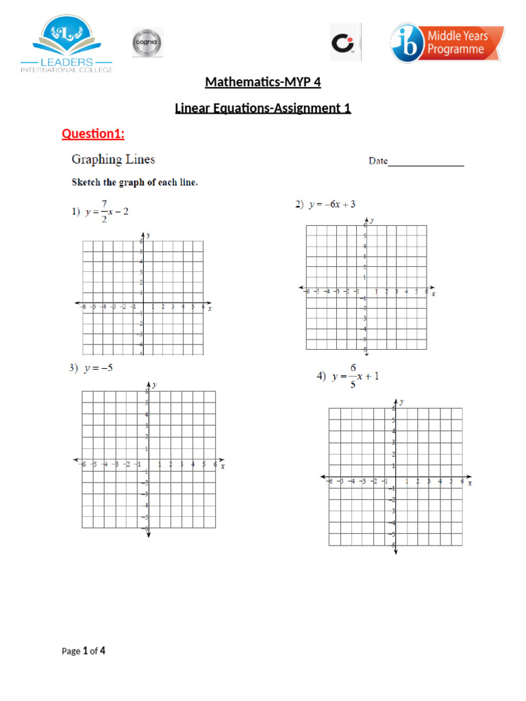 1 Assignment Graphing Linear Equations Pdf 