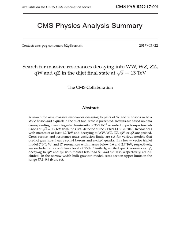 CMS Physics Analysis Summary | PDF | Particle Physics | Quantum Field ...
