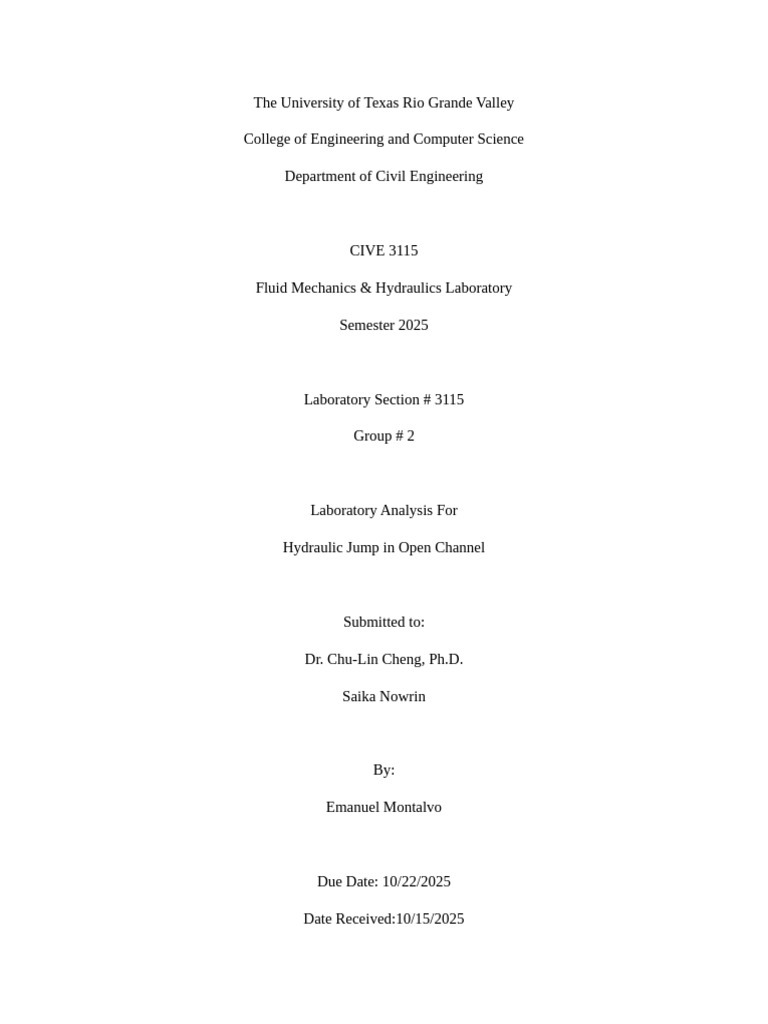 Hydraulic Jump in Open Channel Lab Report by Emanuel Montalvo-Len0vo ...