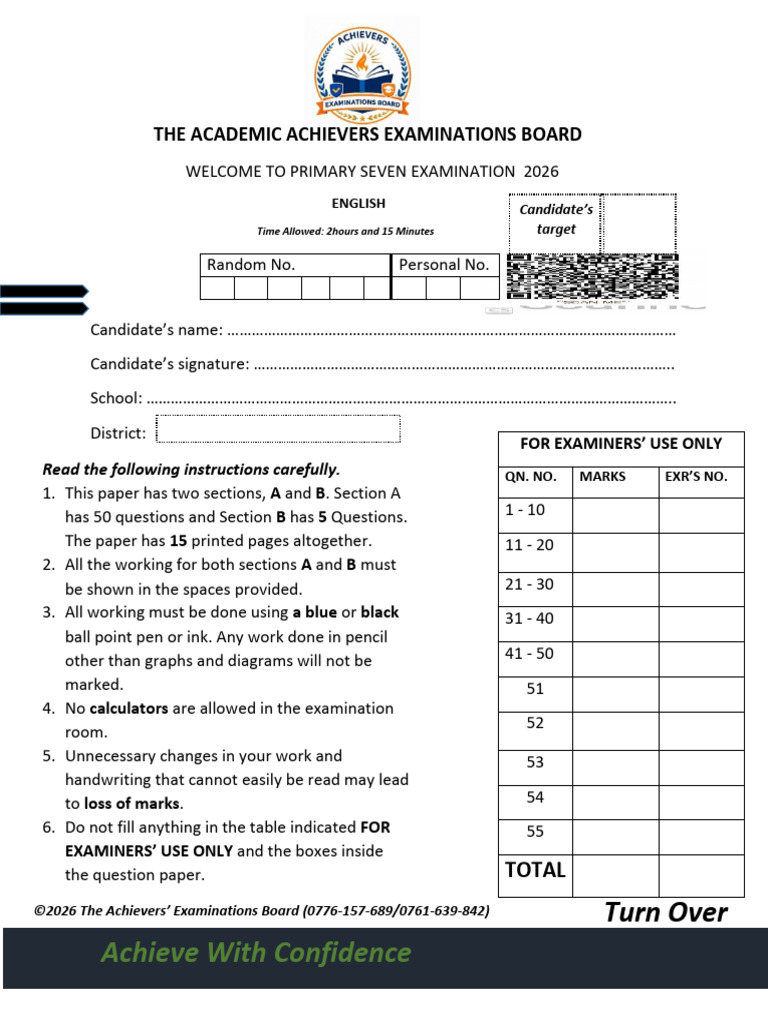 p7 Welcome Set 2026 English Paper Term 1 Academic Achievers | PDF