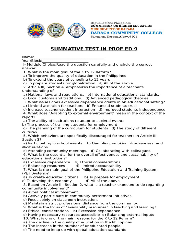 Summative Test in Prof Ed 9 | PDF | Teachers | Market (Economics)