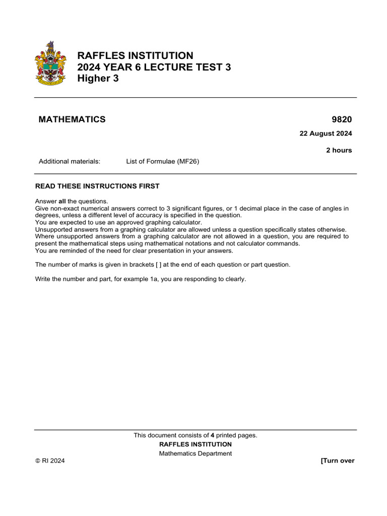 RI H3 Mathematics 2024 Test 3 | PDF | Numbers | Prime Number