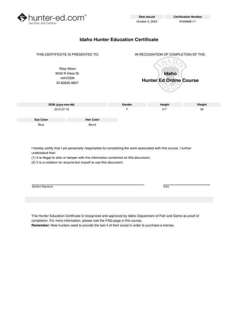 Riley Hunter Safety Certificate Oct 2023 | PDF
