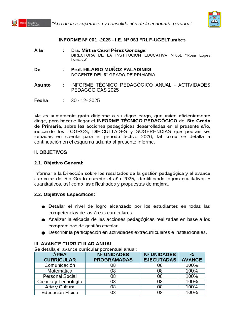 INFORME TECNICO PEDAGOGICO ANUAL FINAL 2025 Rosa López | PDF ...