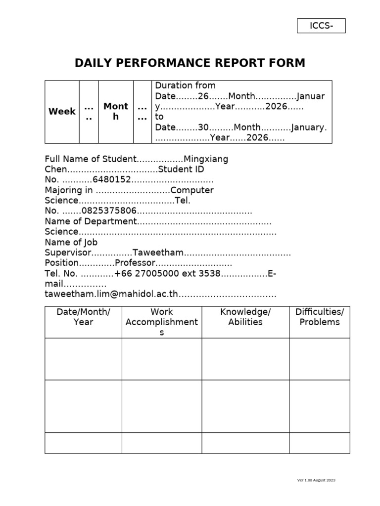 Iccs-Cwie001 Daily Performance Report Form | PDF