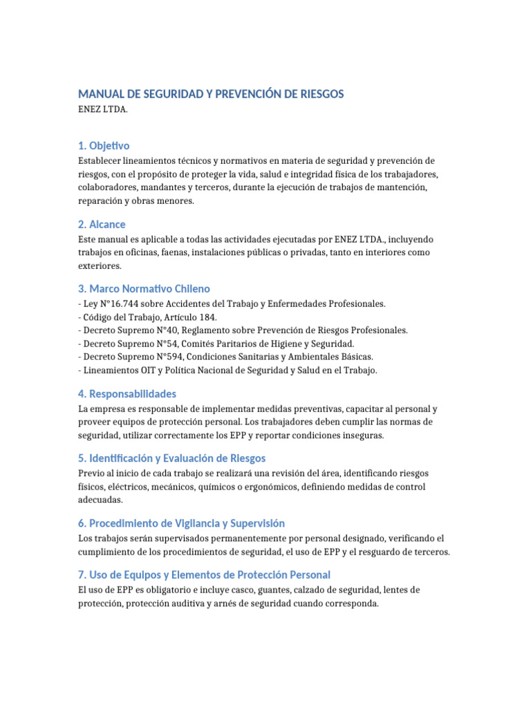 Manual Seguridad y Prevencion de Riesgos ENEZ LTDA | PDF | Valores
