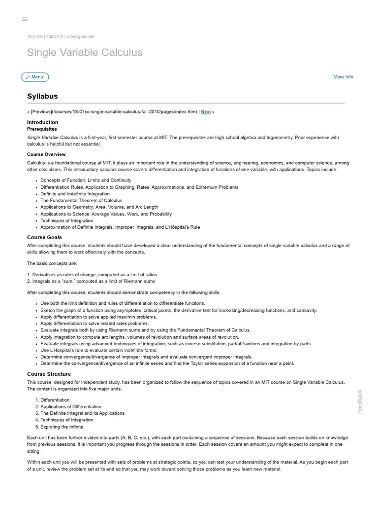 Syllabus - Single Variable Calculus - Mathematics - MIT OpenCourseWare ...
