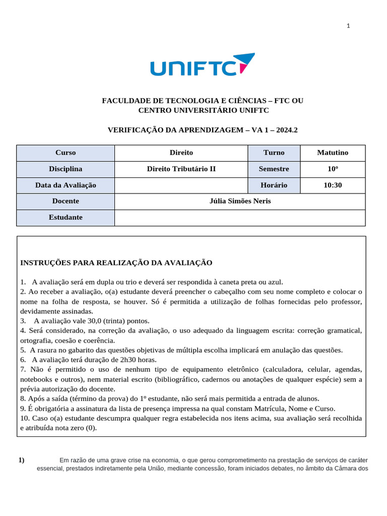 MINUTA - VA2 - Direito - Direito Tributario e Empresario - Julia Simoes ...