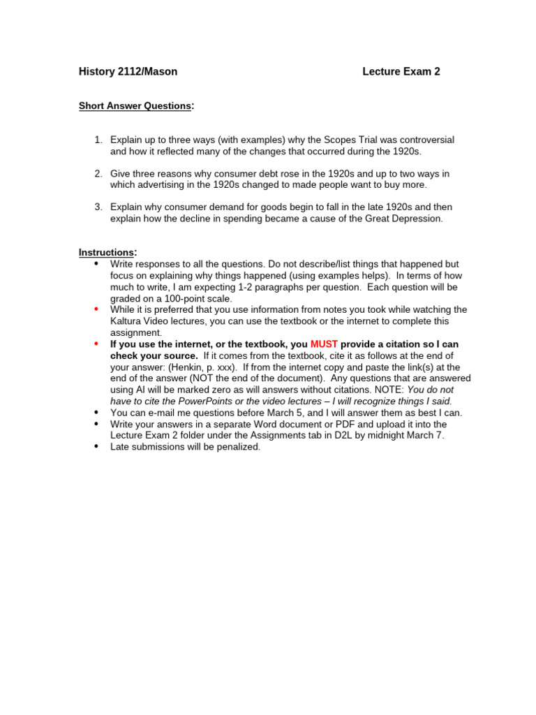 Exam 2 Short Answer Questions (HIST 2112 Online) | PDF