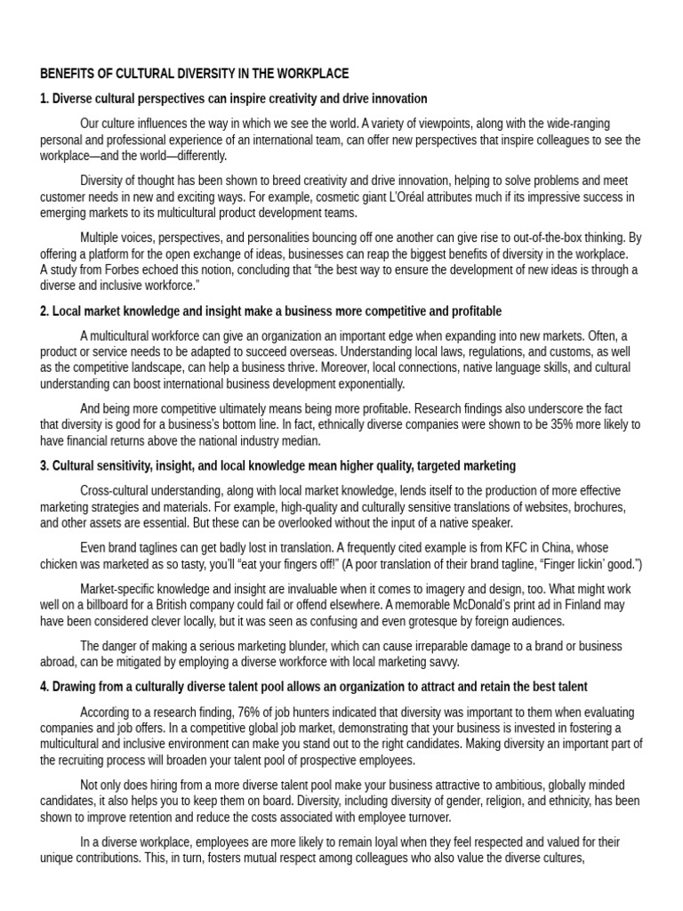 Benefits of Cultural Diversity in The Workplace | PDF | Diversity ...