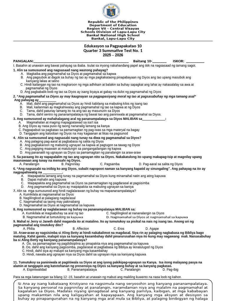 Q3 Esp10 Summative 1 2024 2025 | PDF