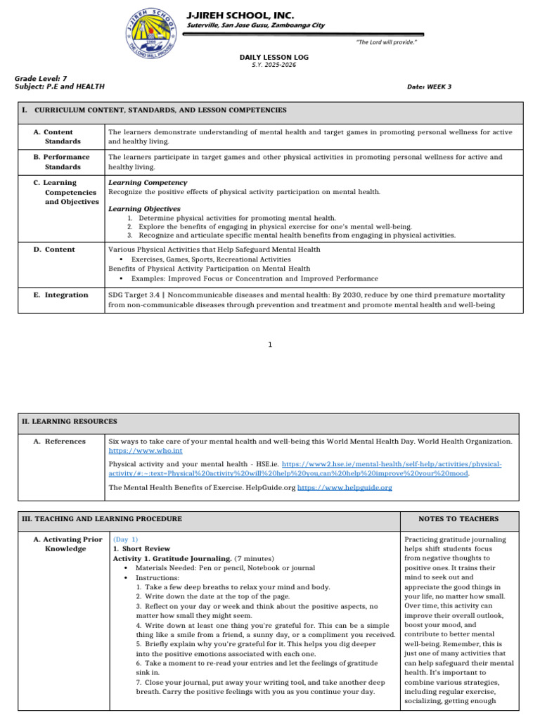 DLL Matatag - Pe & Health 7 Q1 W3 | PDF | Well Being | Mental Health