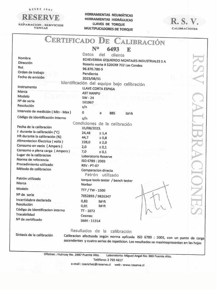Cert 6493 e Llave Corta Espiga SW 24 Serie 161967 | PDF