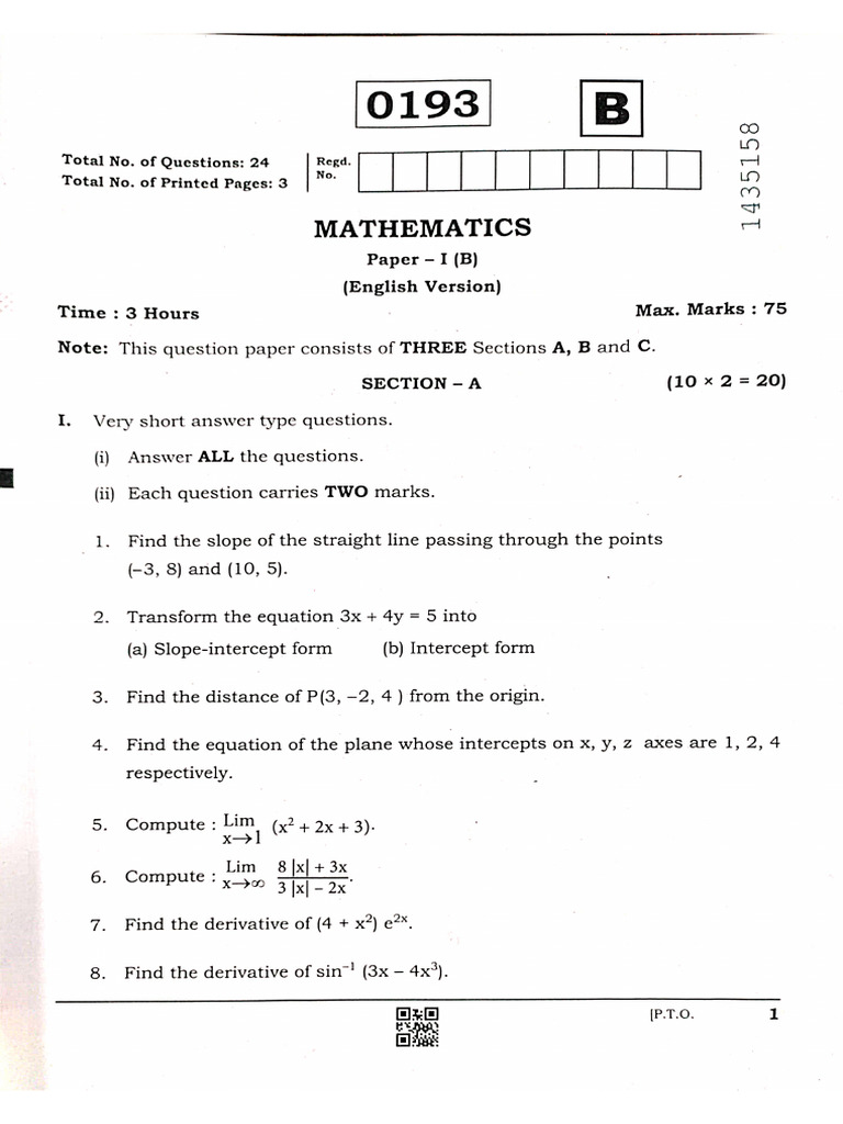 Junior Maths IB Q.P. | PDF