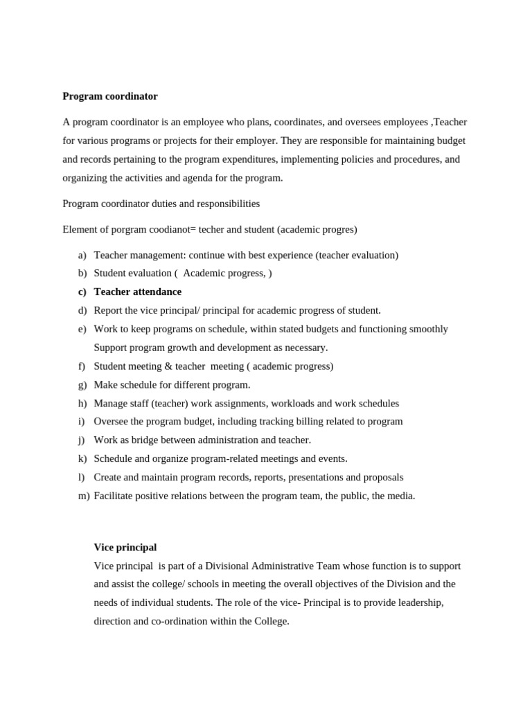 Program Coordinator | PDF | Teachers | Business