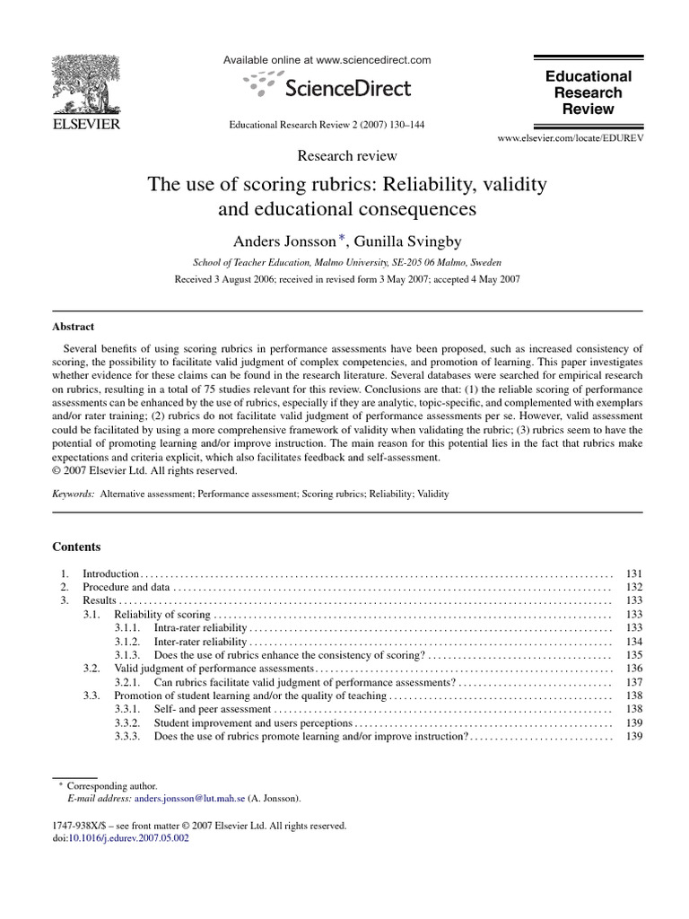 Scoring Rubrics (Reliability, Validity, Consequences) | PDF ...