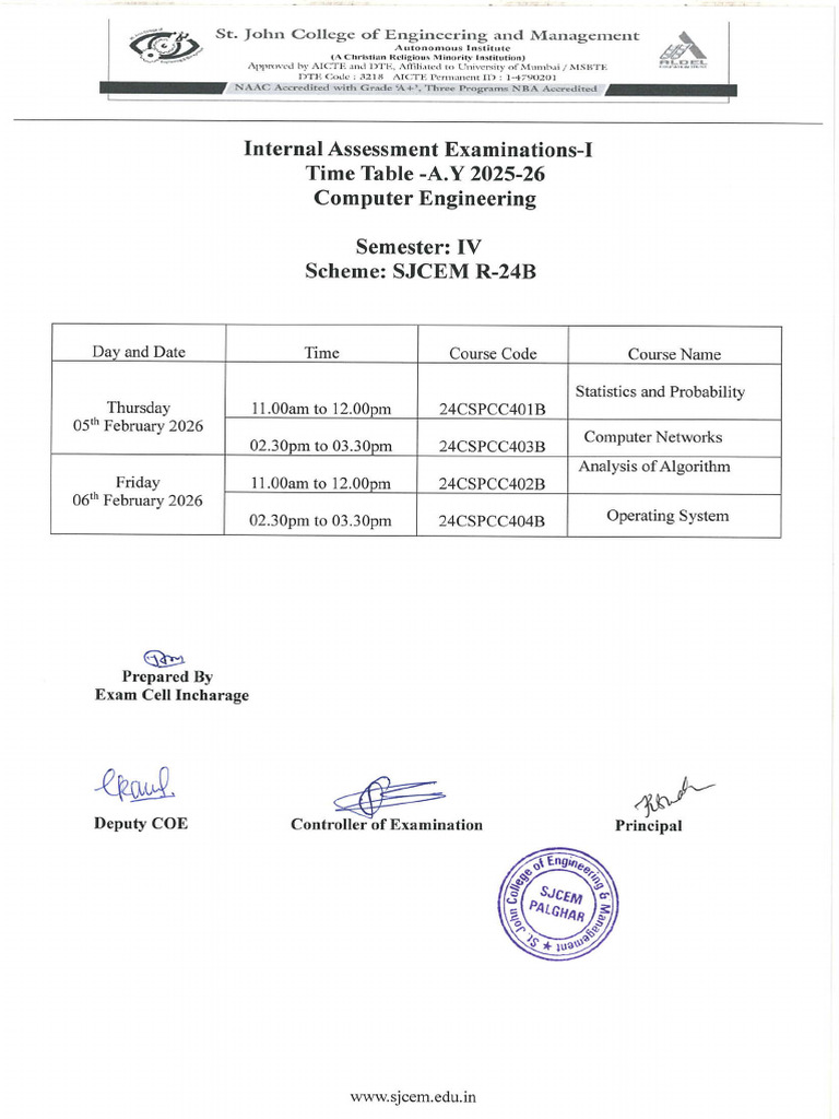 Comp Sem-IV, Vi, Viii Iae Time Table Feb 2026 | PDF