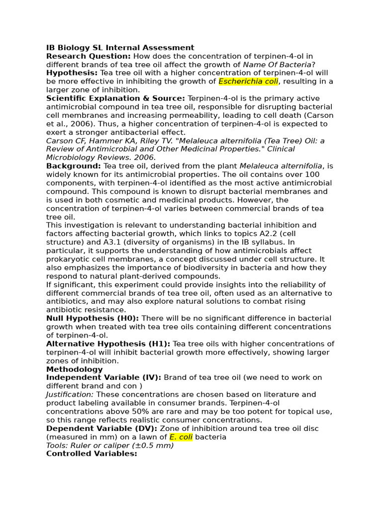 IB Biology SL Internal Assessment | PDF | Biology | Microbiology