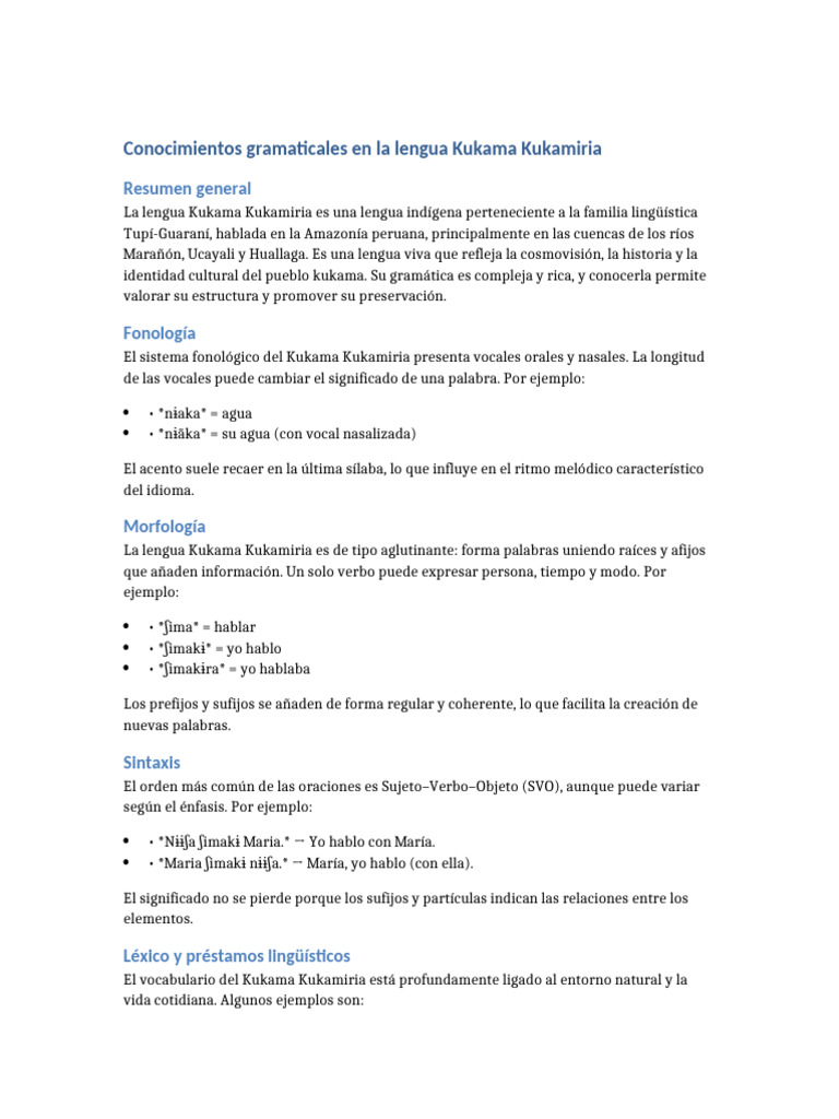 Conocimientos Gramaticales Kukama Kukamiria Con Ejemplos | PDF ...