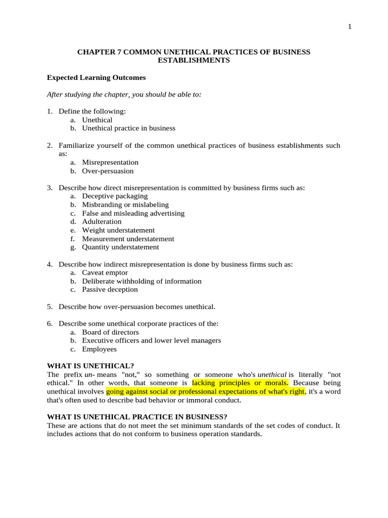 Chapter 7 Common Unethical Practices of Business Establishment Copy ...