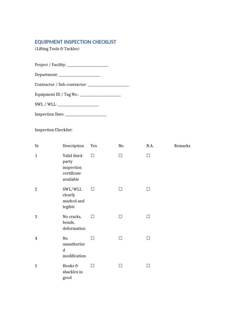 Lifting Tools Tackles Checklist A4 | PDF