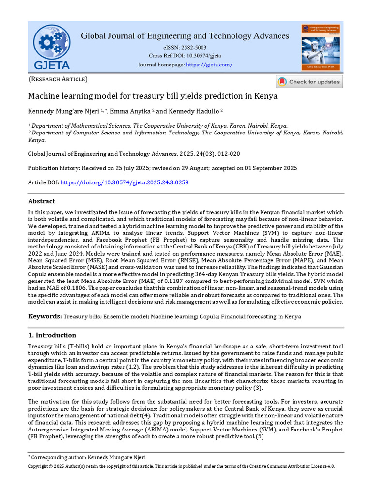 Machine Learning Model For Treasury Bill Yields Prediction in Kenya ...