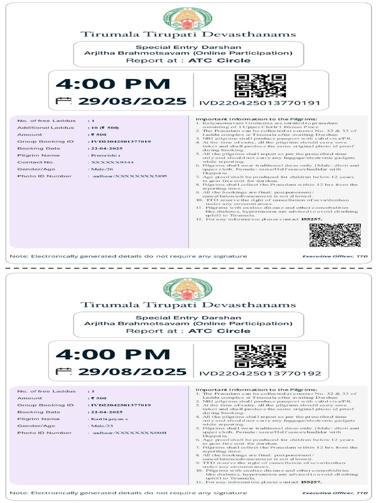 Tirupati Virtual Seva Receipt | PDF
