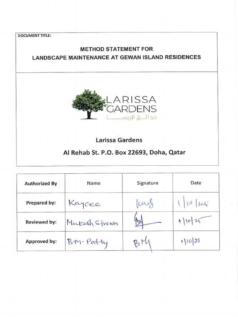 Method Statement Outdoor Landscape Maintenance | PDF