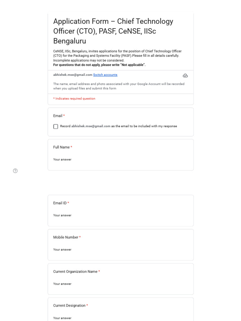Application Form - Chief Technology Officer (CTO), PASF, CeNSE, IISc ...