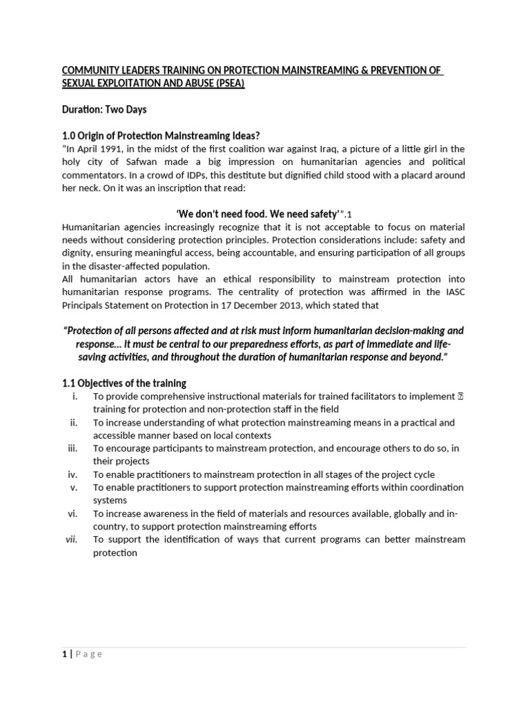Community Leaders Training On Protection Mainstreaming | PDF ...