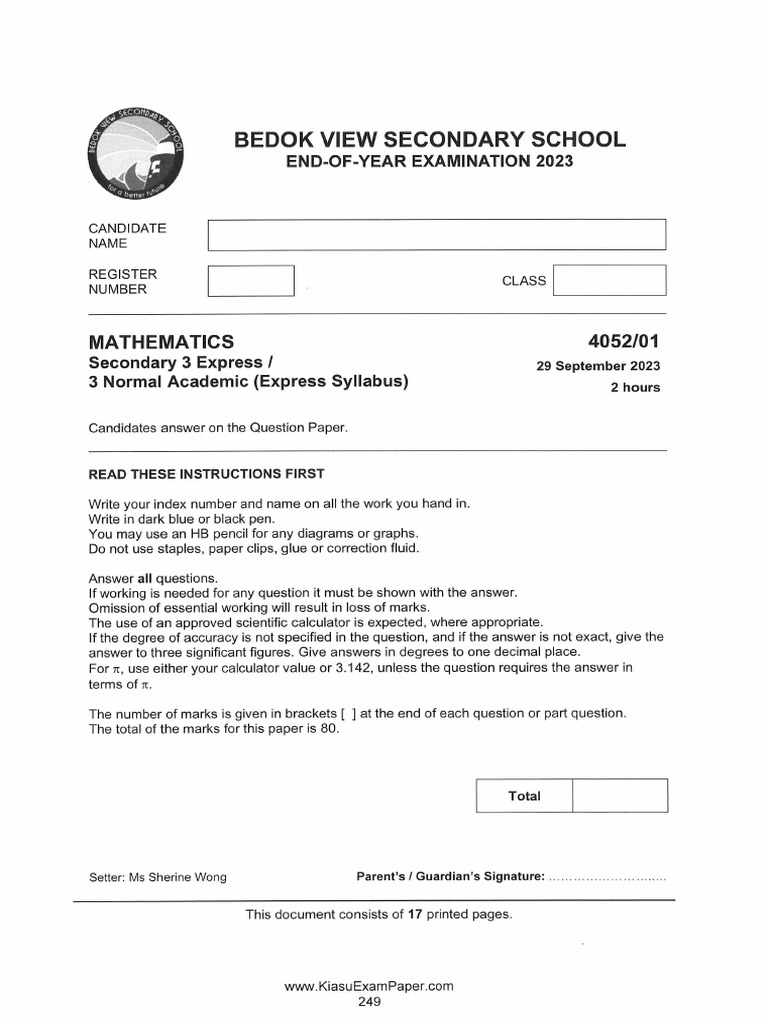 Bedok View Secondary 3E E Math 2023 P1 | PDF