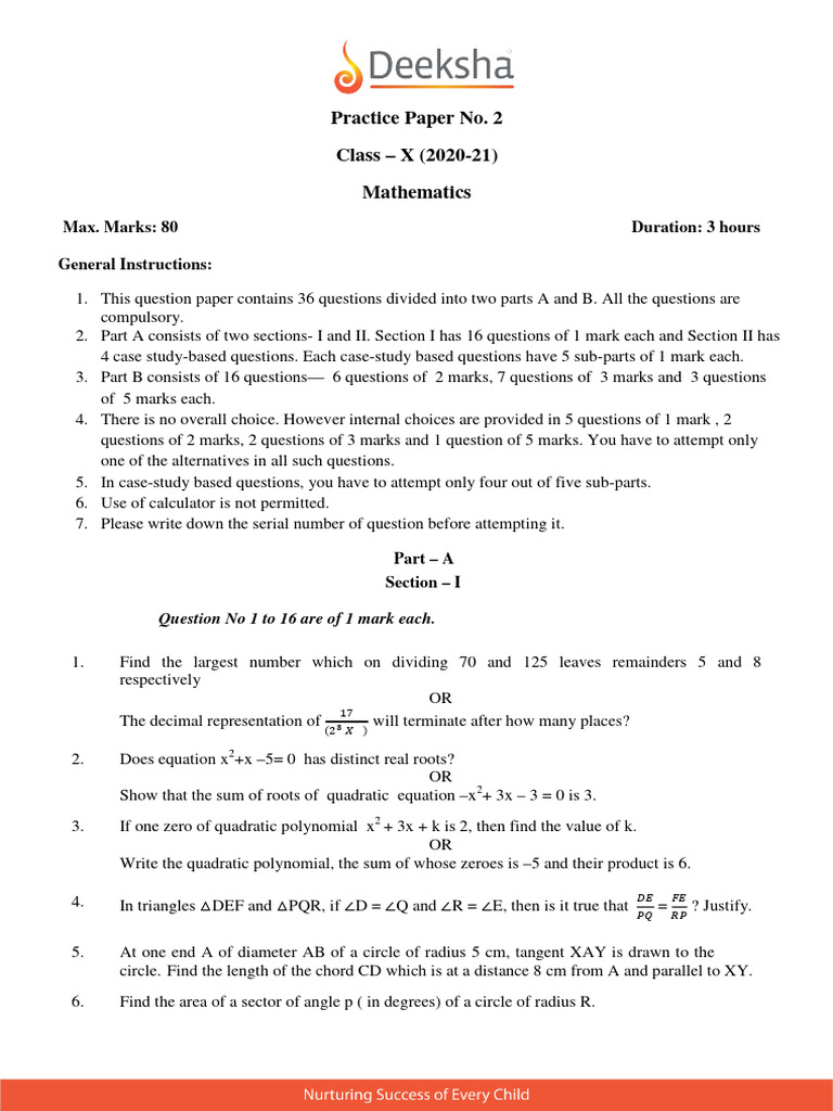 CBSE Class 10 Maths Sample Paper 2 2020 2021 (1) | PDF | Circle | Area