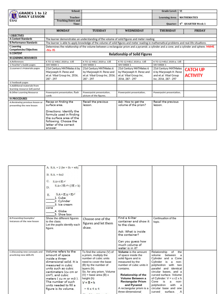 DLL Mathematics 6 q4 w1 | PDF | Rectangle | Volume