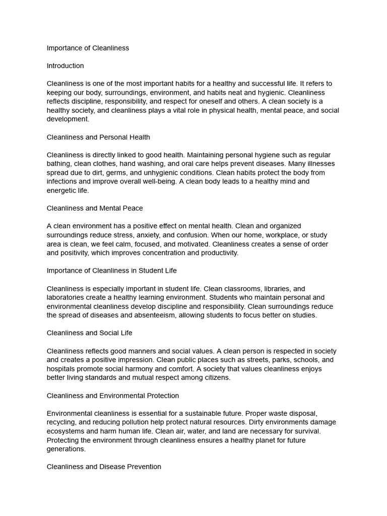 Importance of Cleanliness | PDF | Hygiene | Natural Environment
