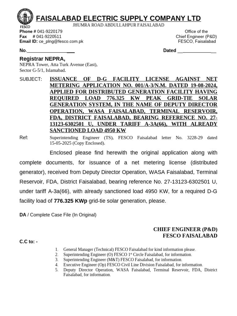 Letter to DG Registrar NEPRA for Issuance of DG Facility License of ...