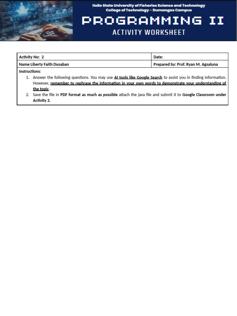 Java Activity Worksheet 2 | PDF | Computer Programming | Software ...