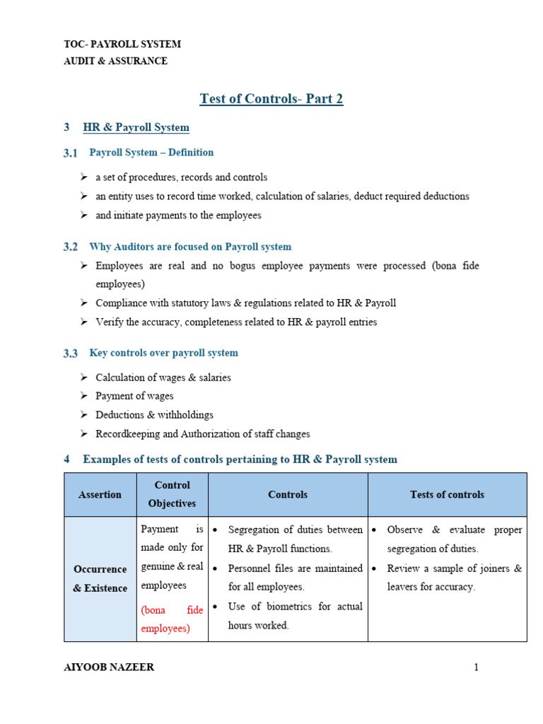 Tests of Controls - HR & Payroll System | PDF | Payroll | Audit