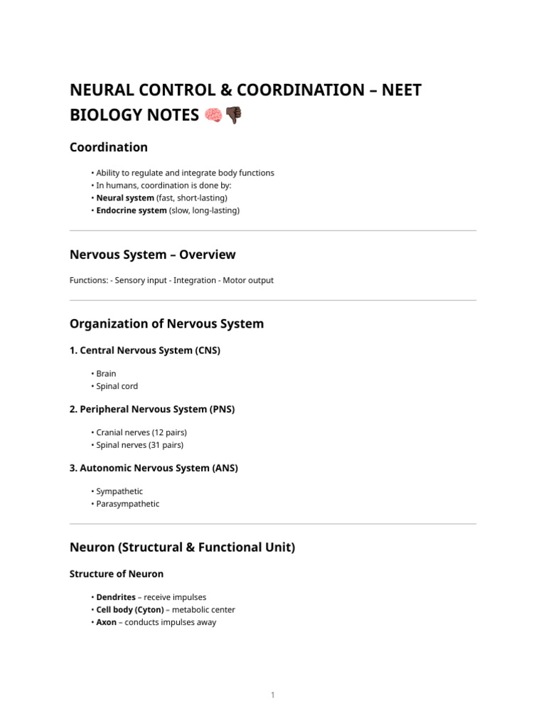 Neural Control And Coordination – Neet Biology Notes | PDF | Nervous ...