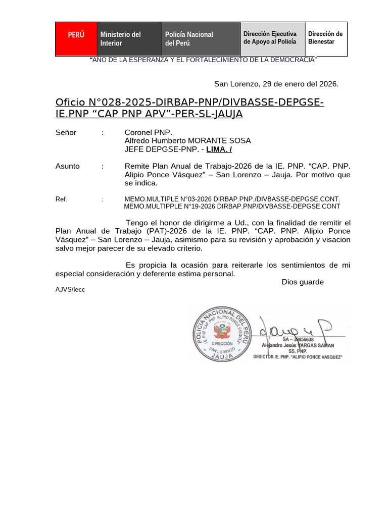 Oficio N°028-2026 Remite Plan Anual de Trabajo-2026 | PDF