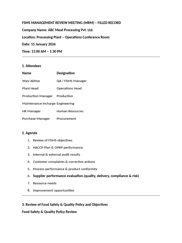 Fsms Management Review Meeting (MRM) - Filled Record | PDF | Food Safety