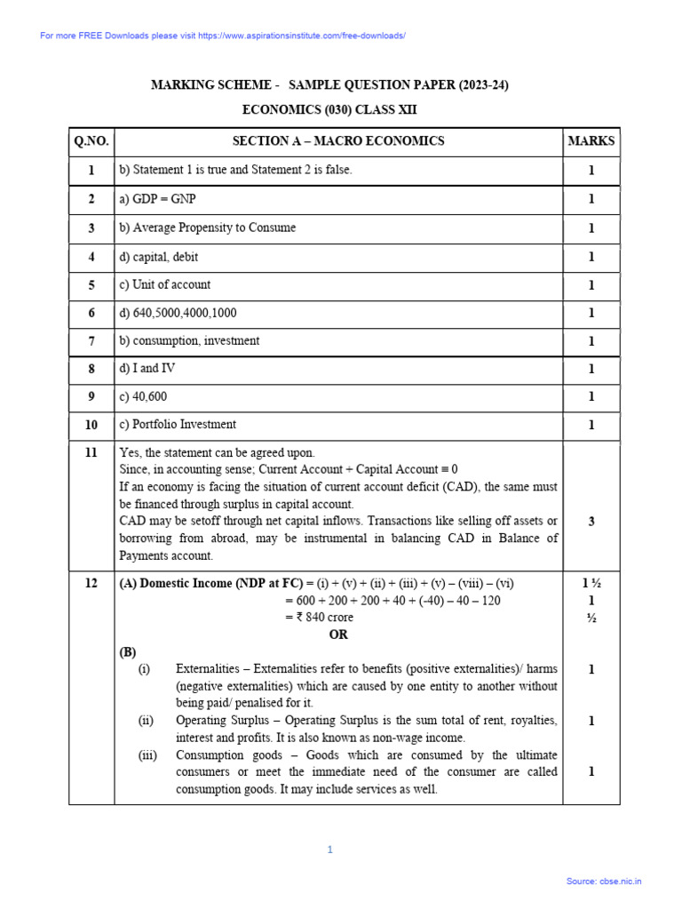 CBSE Sample Paper 2024 Class 12 Economics MS | PDF | Government Budget ...