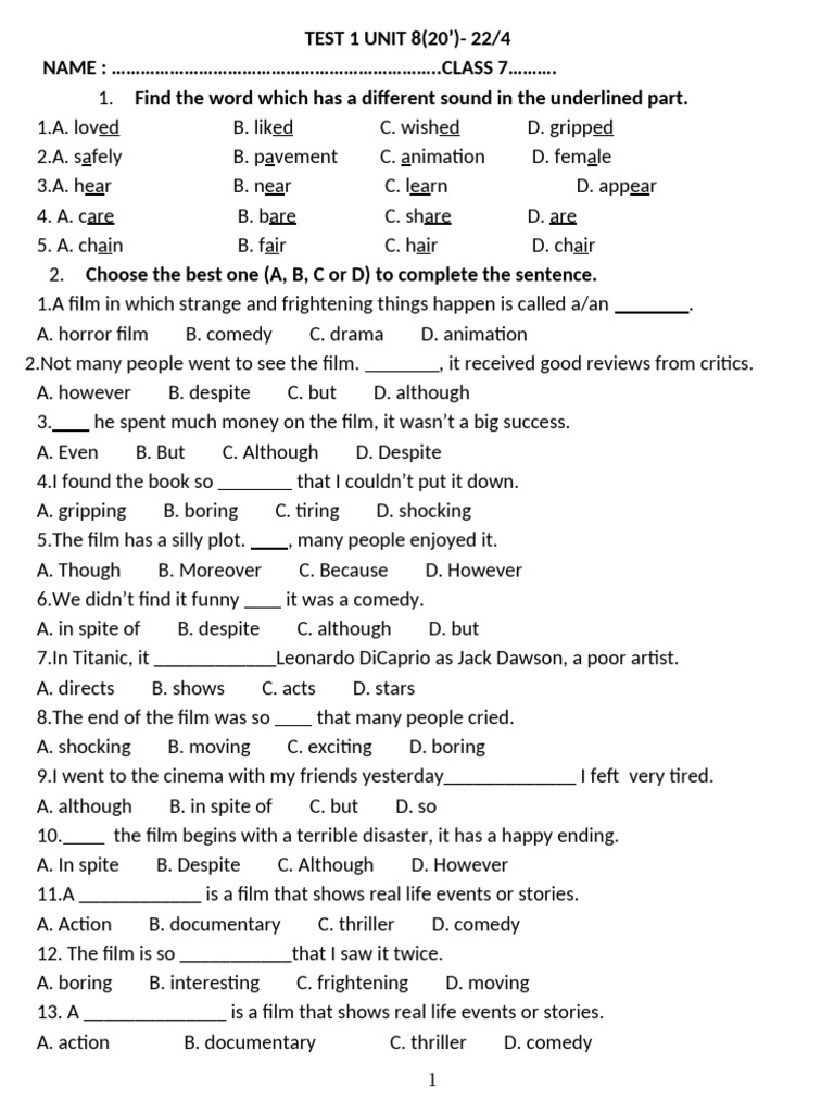 E7-Test 1 Unit 8,9 | PDF