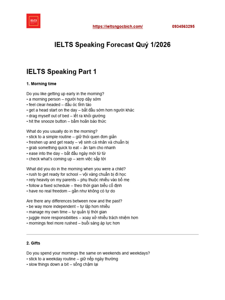 ĐÁP ÁN-IELTS Speaking Forecast Quý 1 - 2026 | PDF
