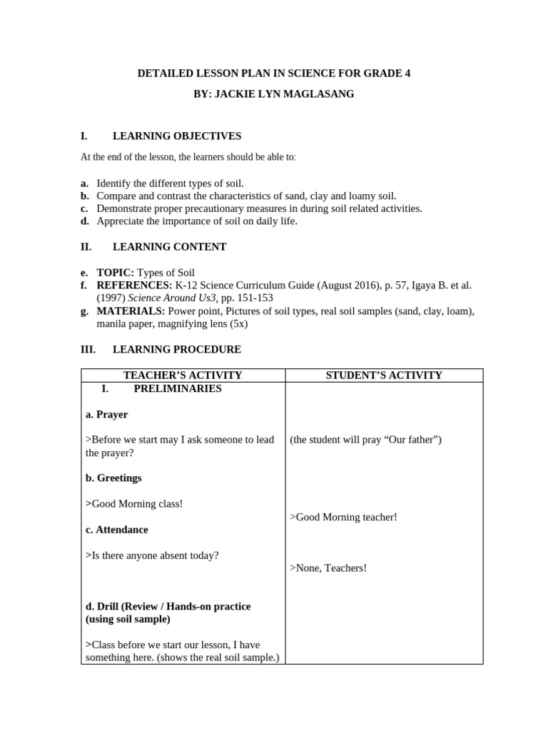 DETAILED LESSON PLAN IN SCIENCE FOR GRADE 4 (Types of Soil) | PDF ...
