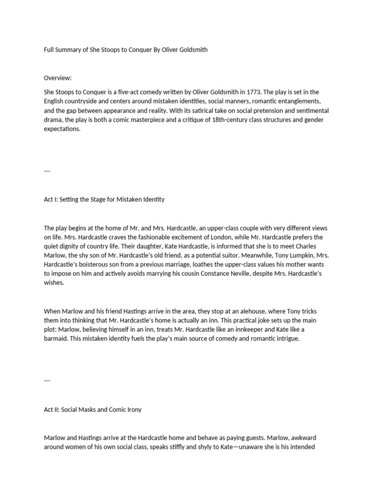 Exam Preparation on She Stoops to Conquer by Oliver Goldsmith | PDF