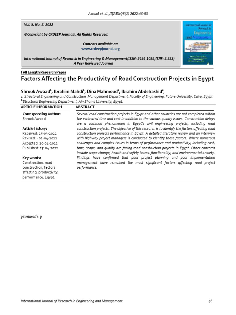 Factors Affecting The Productivity of Road Construction Projects in ...