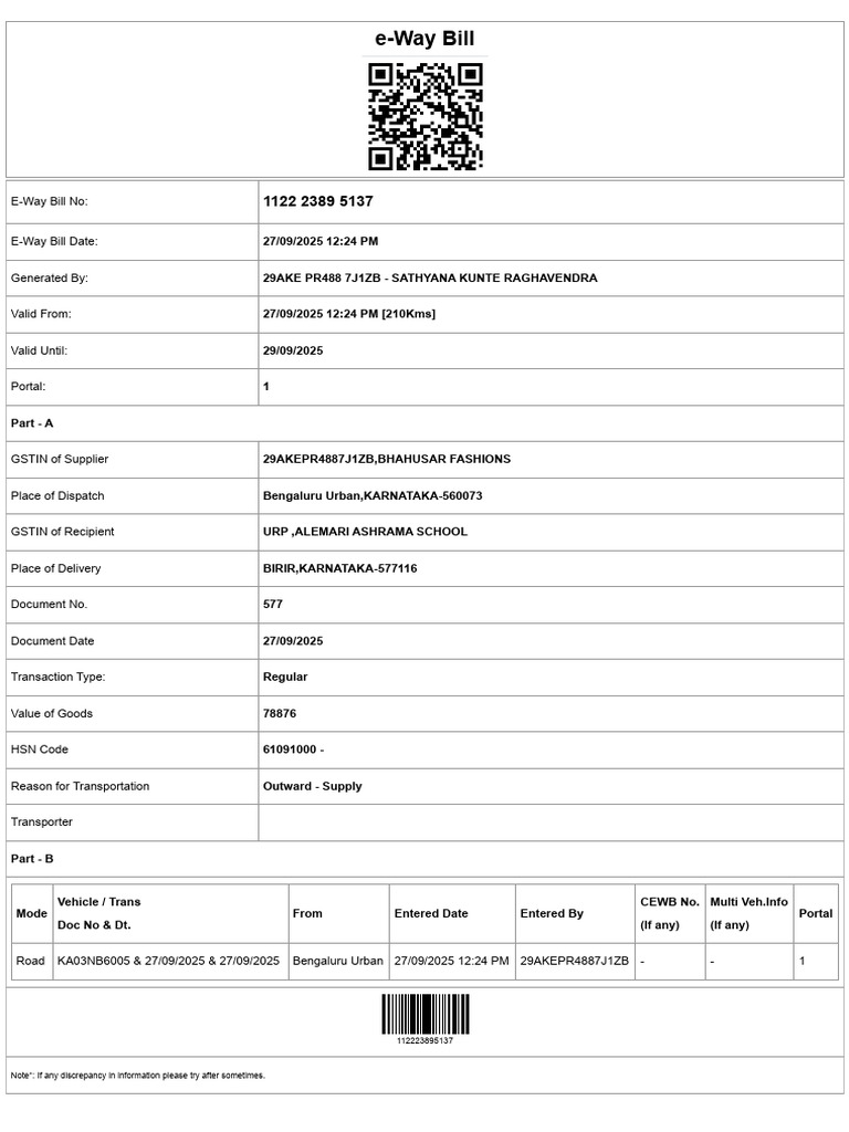 E-way Bill System Alemari Ashrama School | PDF
