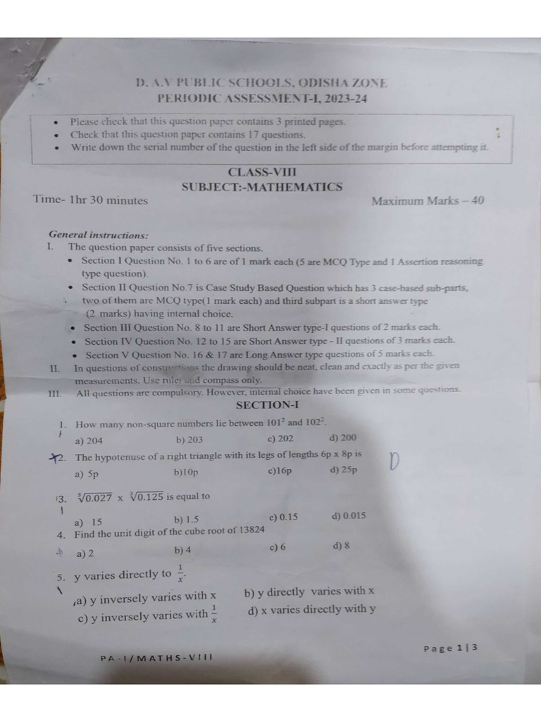 Class 8 Maths PA 1 23-24 | PDF