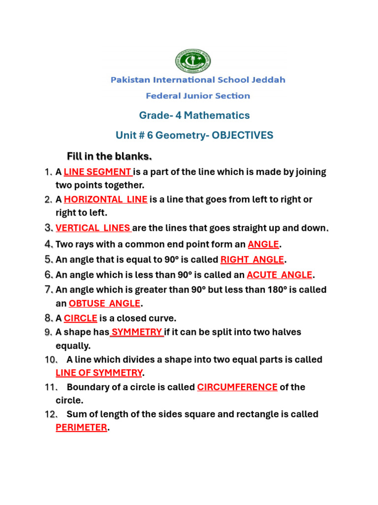 Grade4 Math Objectives Unit#6 | PDF